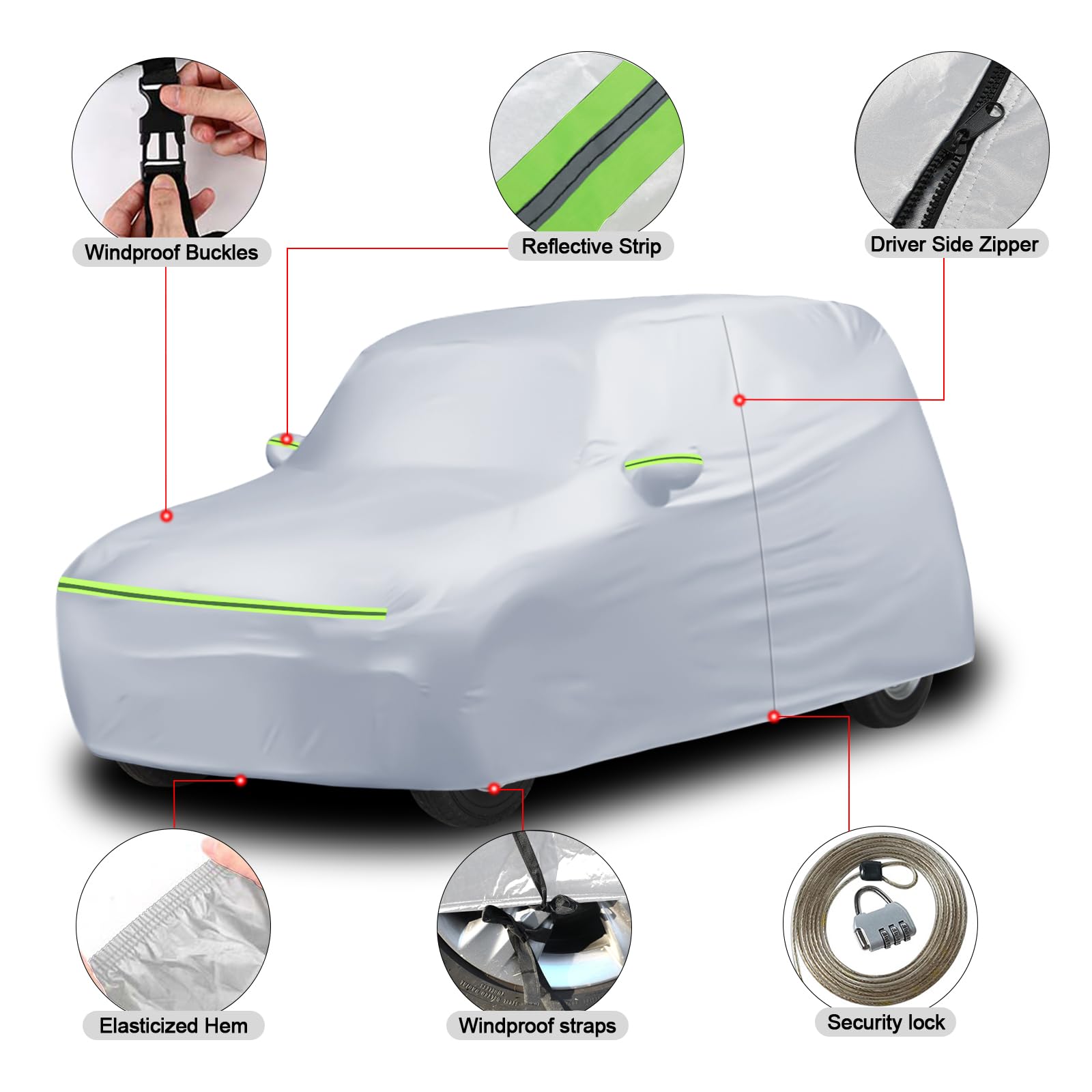 Cubierta de Coche Impermeable Reemplazo para Renault 4/4L/R4 1961-1992, Lona del Automóvil Garaje del Completo, Resistente al Agua, Rayas Reflectantes, Plata