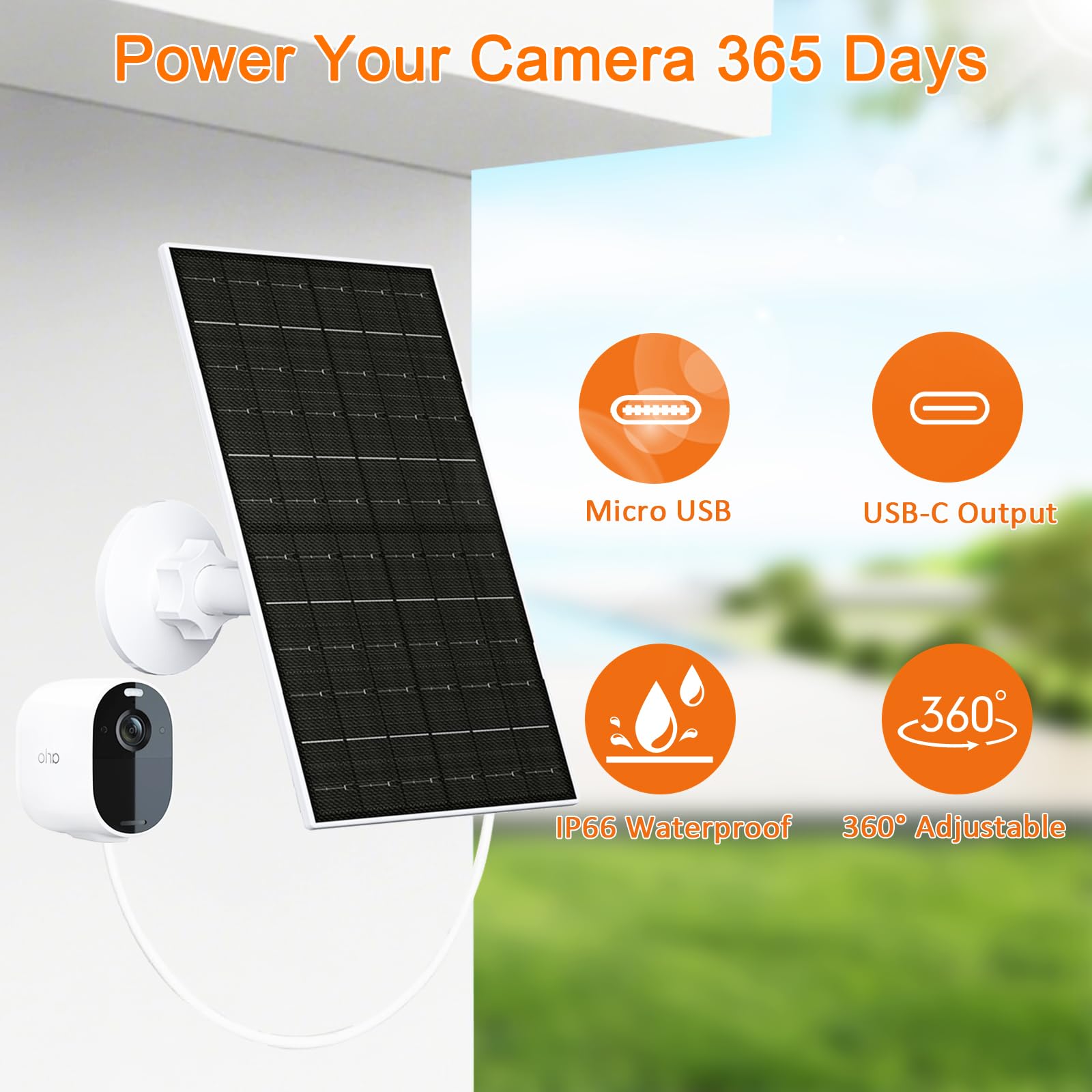 FUTUREZEN Panel słoneczny 6 W do kamery Arlo, ładowarka solarna 5 V USB/typu C, kompatybilna z aparatami Arlo Essential 2K (2. generacji), Essential XL i Spotlight, kabel 3 m, wodoodporny, regulowany