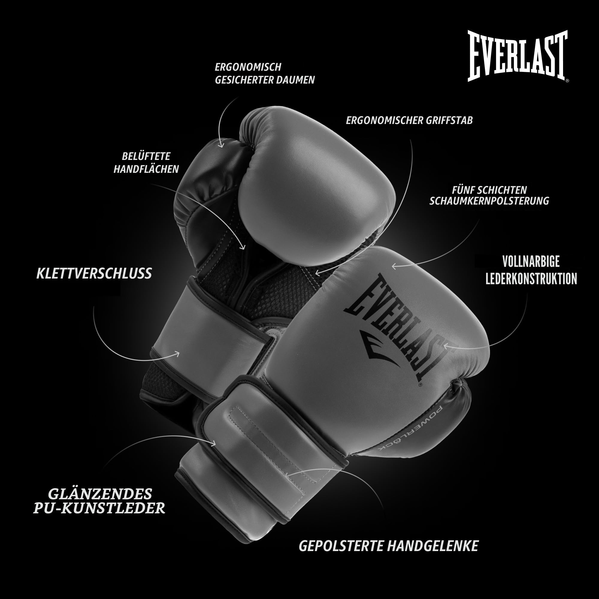 Everlast Powerlock 2R Boxhandschuhe 14oz und Core Boxbandagen, anthrazitgraue Everlast Boxhandschuhe für Sandsack und Sparring mit Klettverschluss und vierlagiger Schaumstoffpolsterung