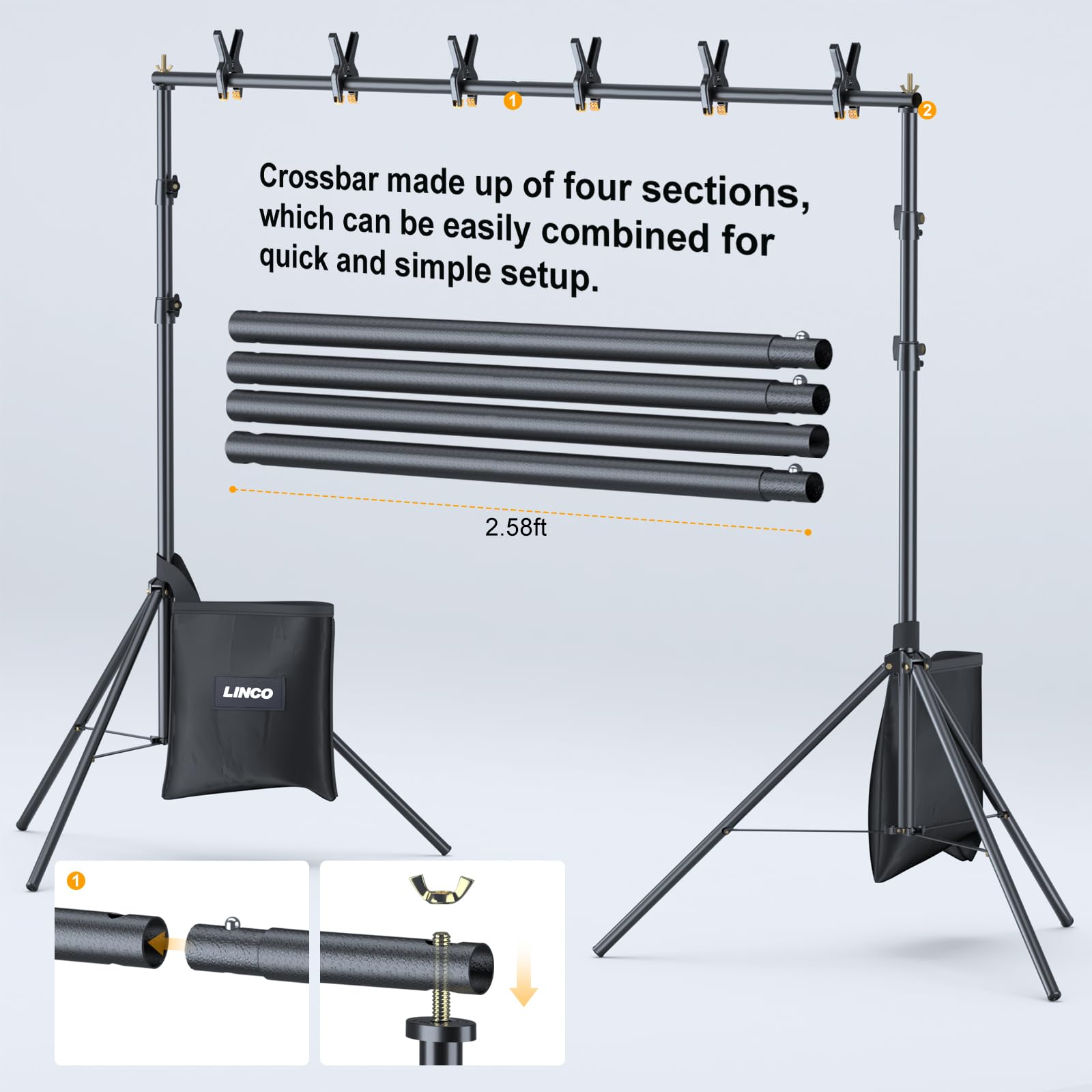 LINCO Kit fondale per feste, 3 x 2,1 m, regolabile, per studio fotografico | Telaio regolabile con morsetti, sacchetti di sabbia, borsa da trasporto per feste, decorazioni per eventi