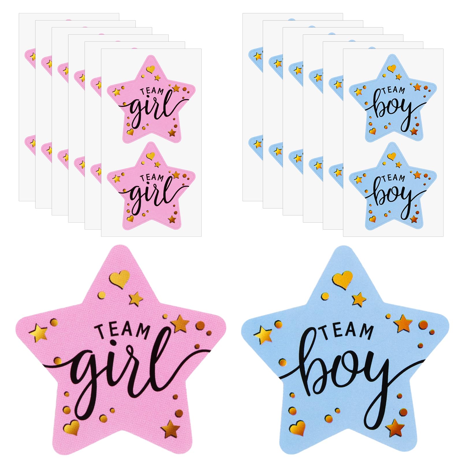 Dokeno Pegatinas de Revelación Género, 100Pcs Team Boy & Team Girl Etiqueta de Revelación de Género, Pegatinas de Género de Bebé Azul y Rosa para Baby Shower Fiesta Deco (Estrella)