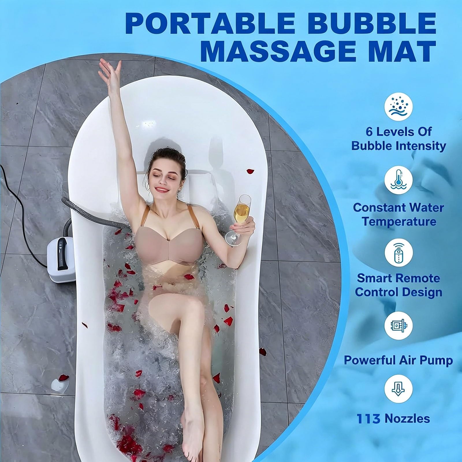 Bubble - Tappetino da bagno (124,5 x 43,2 cm), tappetino per massaggio completo con 7 colori di luce ambientale, 114 getti d'aria, telecomando e cuscino, 6 velocità, per vasche da bagno lisce
