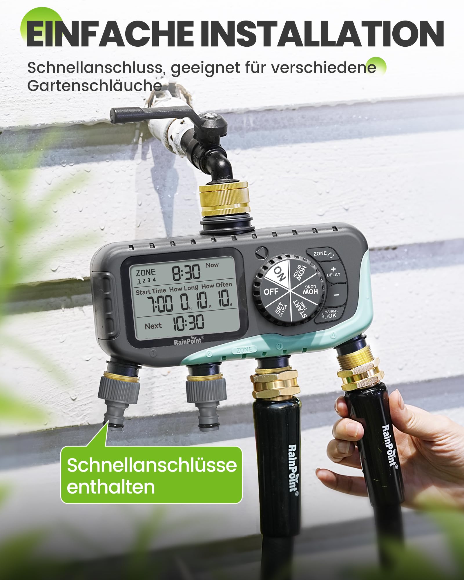 RAINPOINT Bewässerungscomputer 4 Ausgänge, Messing Einlass und Auslass, IP65 Wasserdicht Wasserzeitschaltuhr mit Regenverzögerung/Manueller Bewässerung, Automatische Bewässerung für Rasen und Garten