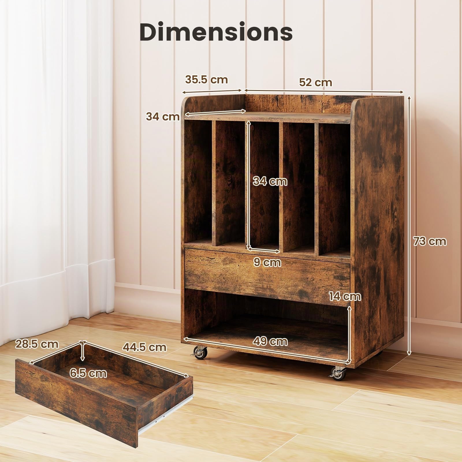 KOMFOTTEU Meuble Platine Vinyle avec roulettes, Meuble Tourne-Disque, 5 Compartiments, Tiroir, Étagère inférieure et Crochets, Armoire pour jusqu'à 180 Albums, 52 x 35,5 x 73 cm (Marron)
