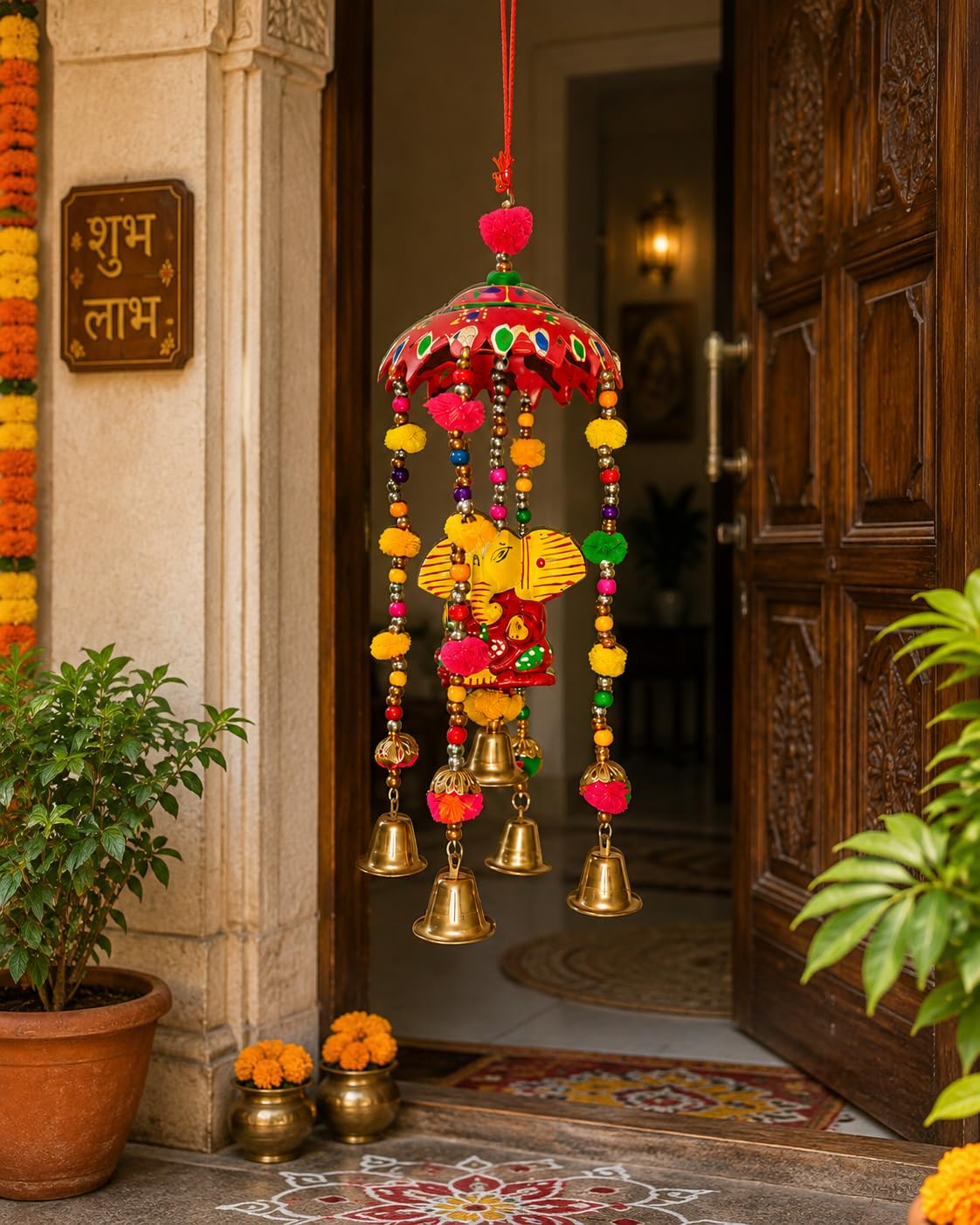 Ganesha Wind Chime with Brass Bells and Colourful Pom Poms | Festive Door Hanging, Decorative Umbrella Top, Multicolour Beads, Traditional Indian Decor, Auspicious Home Decor-image-15