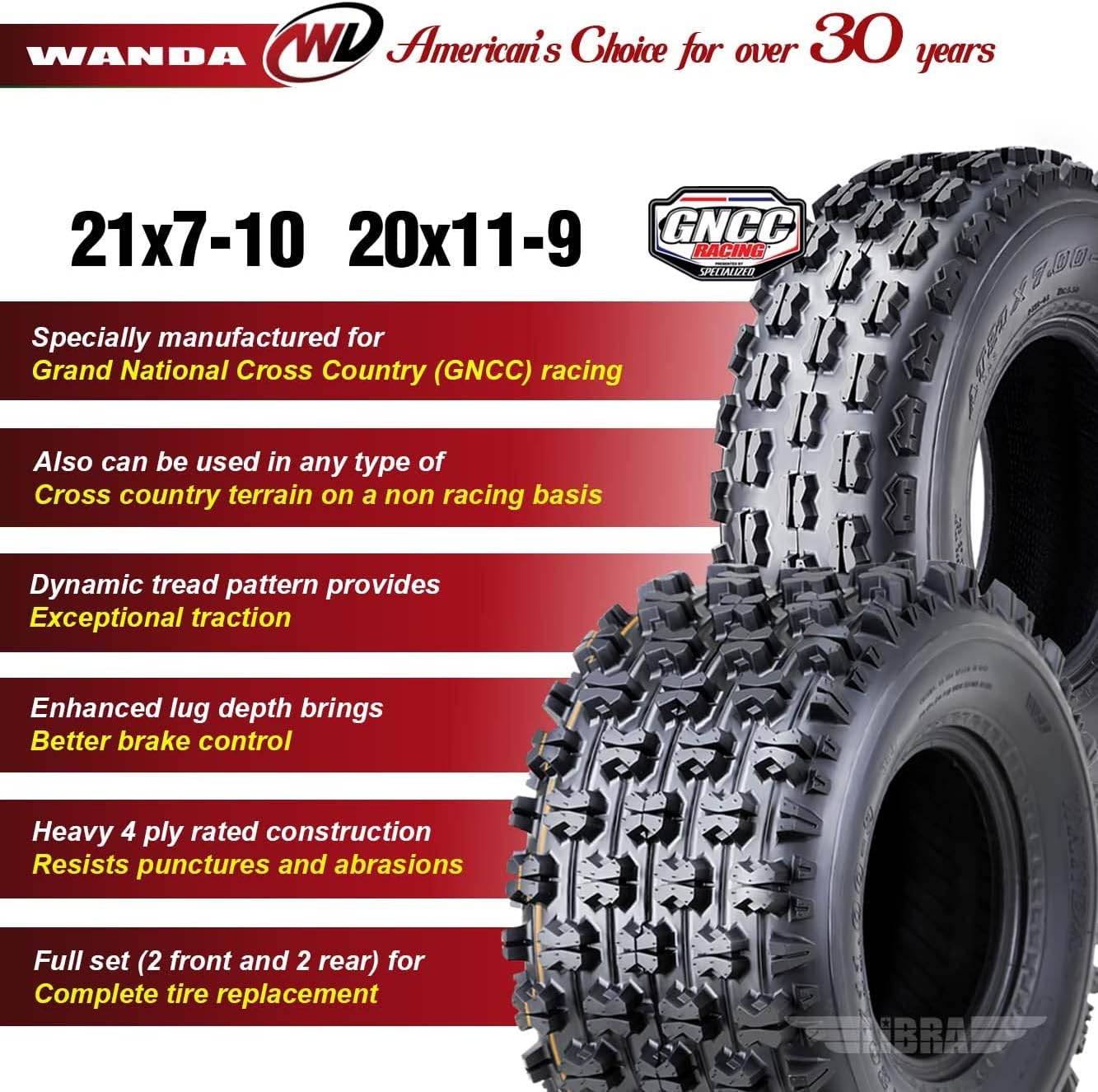 WANDA Set 4 ATV Tires 21x7-10 & 20x11-9 Polaris Predator 500 Outlaw 525S Racing Tire