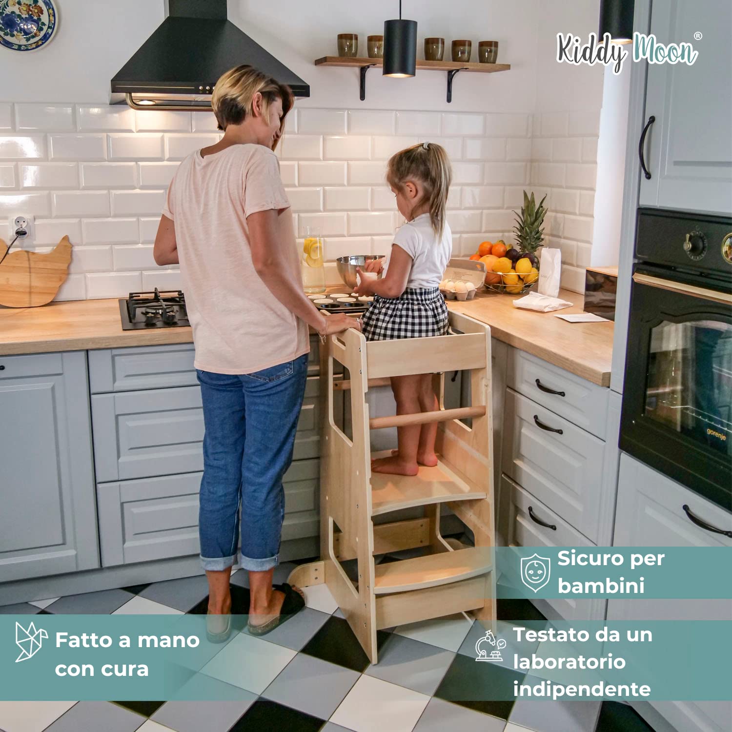 KiddyMoon Torre Montessori Bambini, Learning Tower Cucina, Pedana Regolabile 3 Altezze, Bianco