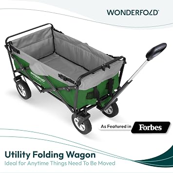 WONDERFOLD S1 Folding Utility Cart with Easy-Clean Removable 600D Fabric, Adjustable Pull Handle with Spring Bounce Technology & Active Front Steering, Green