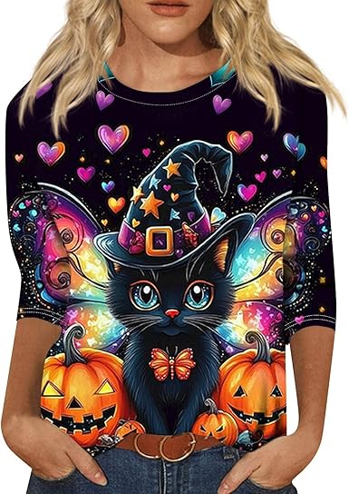 Cute Funny Halloween Shirts for Women Plus Size 3/4 Length Long Sleeve Womens Tops Witch Gothic Renaissance Shirt