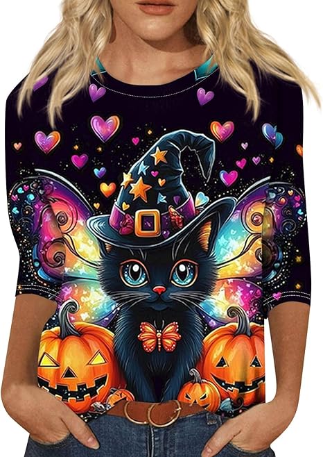Cute Funny Halloween Shirts for Women Plus Size 3/4 Length Long Sleeve Womens Tops Witch Gothic Renaissance Shirt