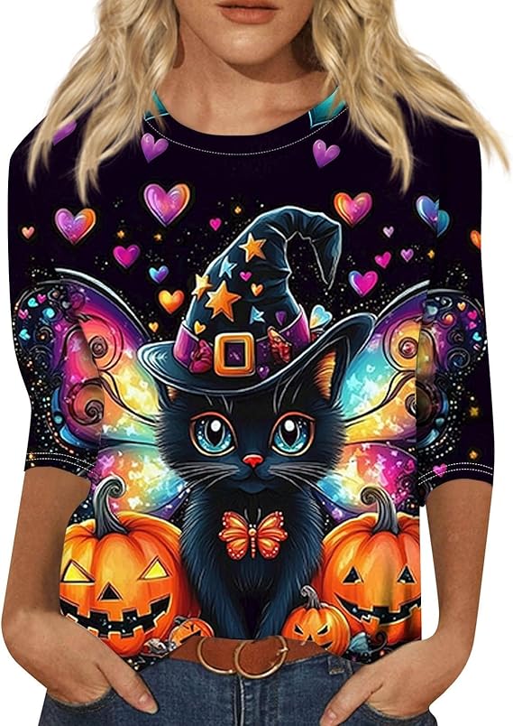 Cute Funny Halloween Shirts for Women Plus Size 3/4 Length Long Sleeve Womens Tops Witch Gothic Renaissance Shirt