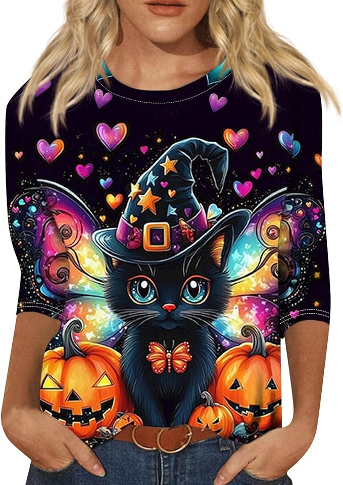Cute Funny Halloween Shirts for Women Plus Size 3/4 Length Long Sleeve Womens Tops Witch Gothic Renaissance Shirt