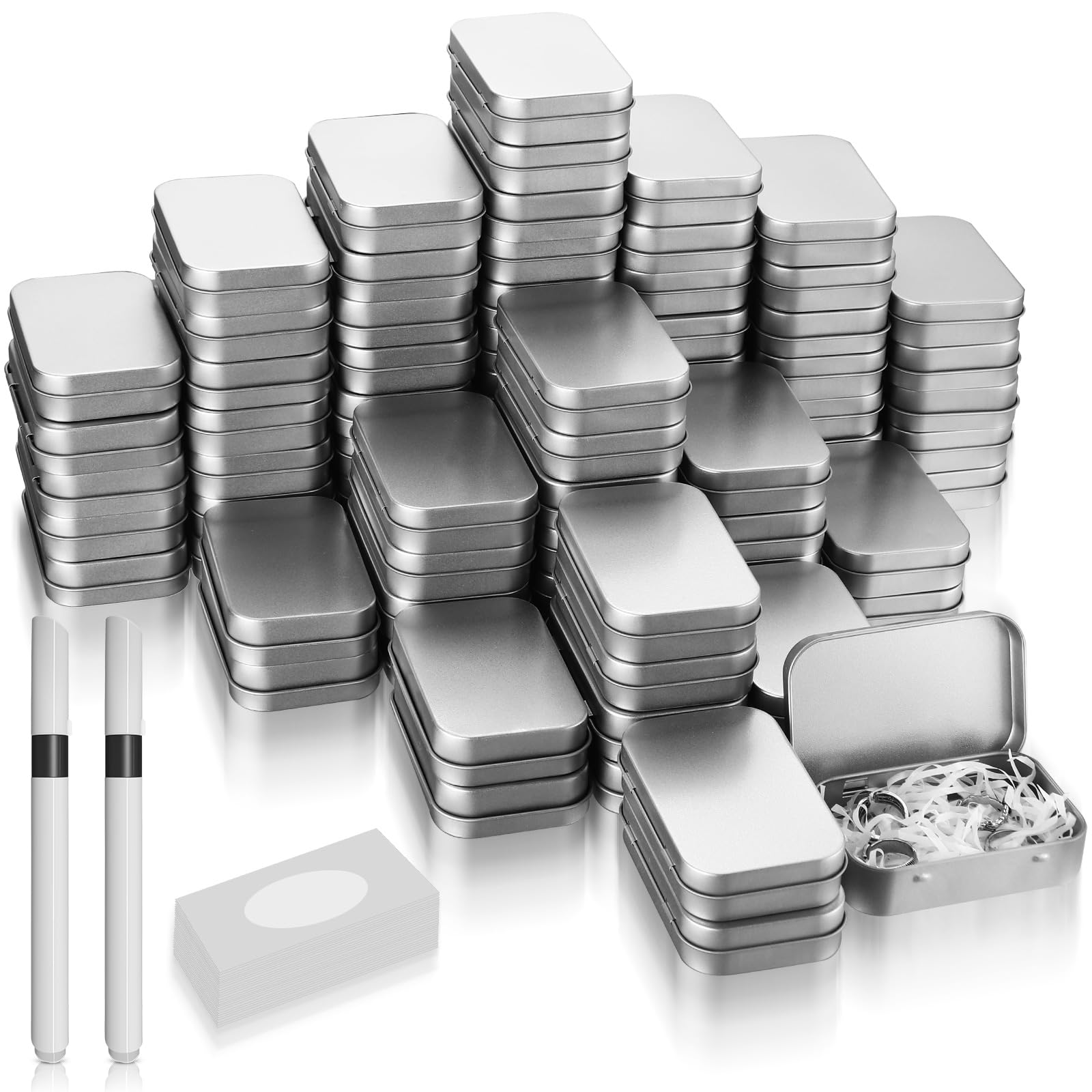 meekoo 162 Pcs Metal Small Tins with Lids Empty Rectangular Hinged Tins Storage Container Kit Includes 80 Tin Box 3.7 x 2.4 x 0.8 Home Organizers with Lid 80 Adhesive Tags 2 Black Pen(Silver)