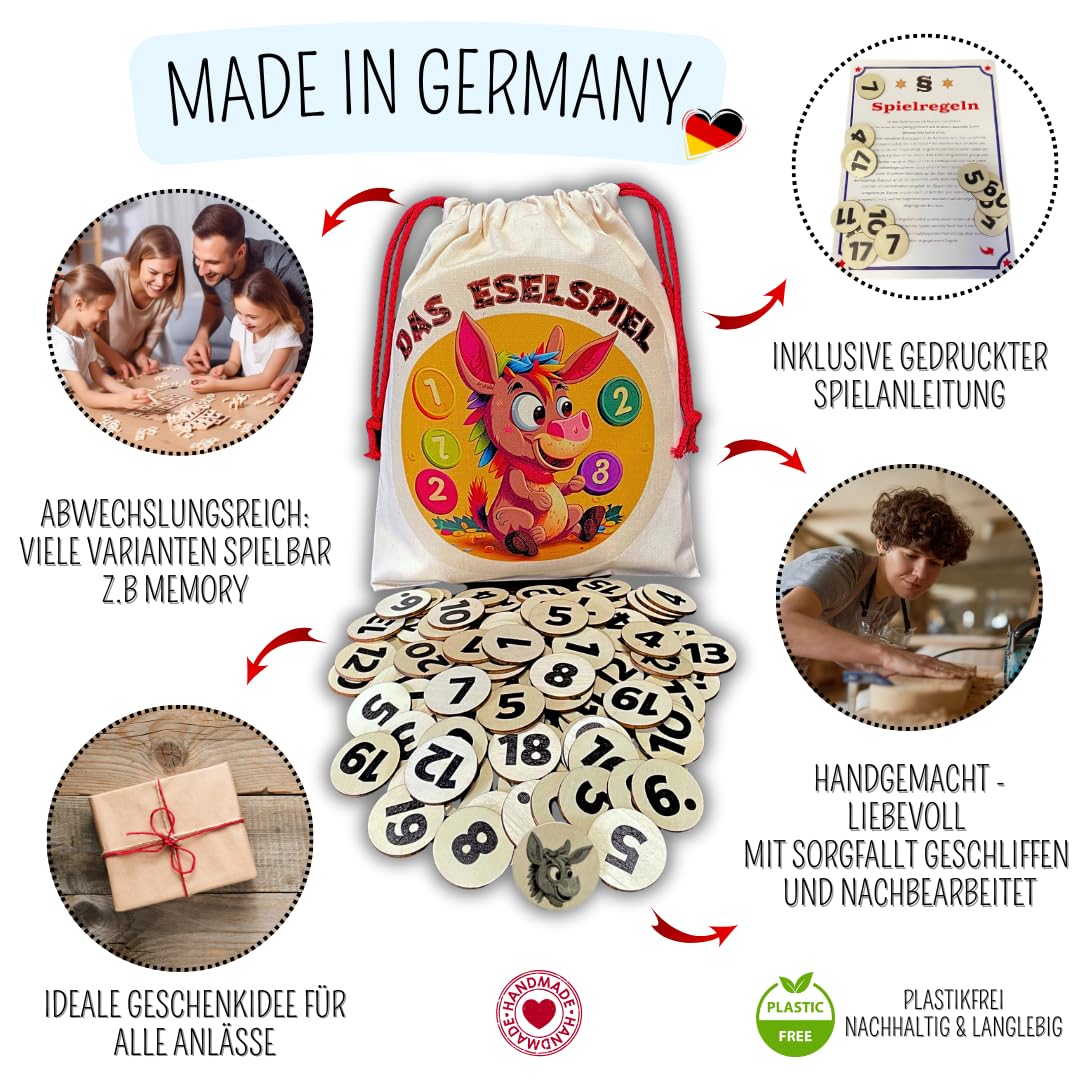Mutou Das Eselspiel 2.0 – 121 Teile aus Holz – Handgefertigtes Familienspiel Lernspiel Reisespiel