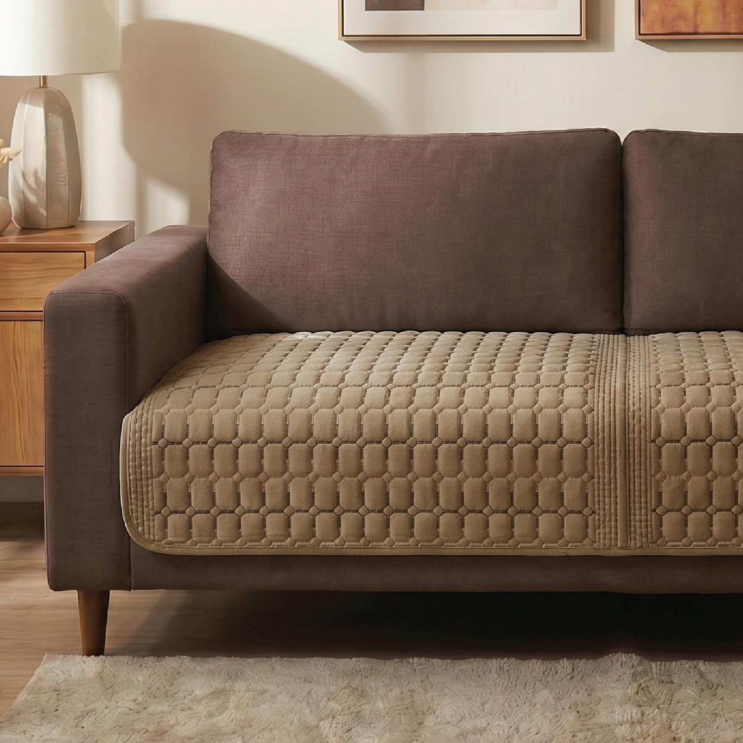Urban Space Velvet Embroidery Quilted Sofa Cover mat, Premium 2 Seater Non-Slip Sofa slipcover, Easy Care & Machine Washable, Seat Runner for Couch for Living Space (2 Seater - Box Grid - Soft Brown)-image-10