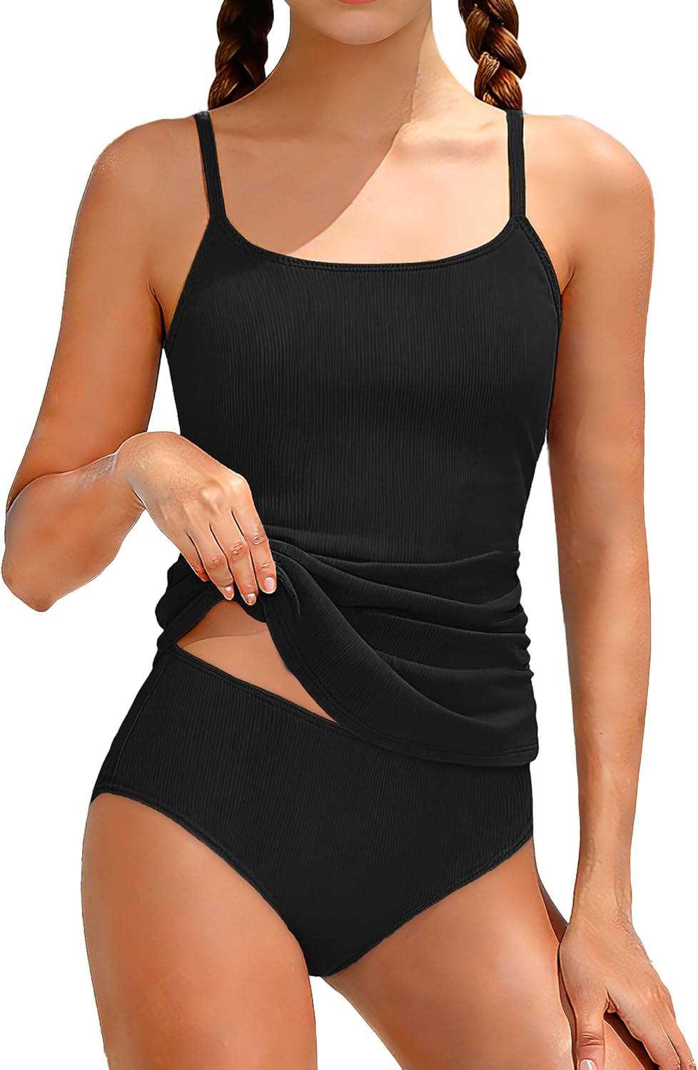 CRISONE Girl Swimsuit 2 Piece Ribbed Solid Color+Tropical Print Tankini Swimsuits Modest Swimwear Girl Bathing Suit for 9-16T