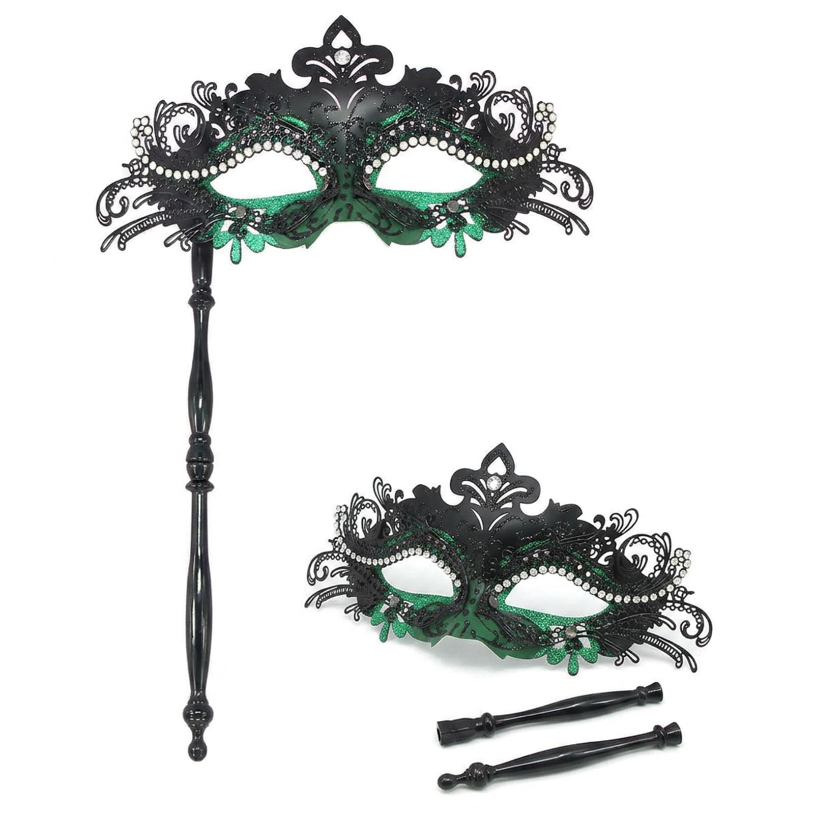 Black Green Masquerade Mask with Stick and Shiny Rhinestone for Party