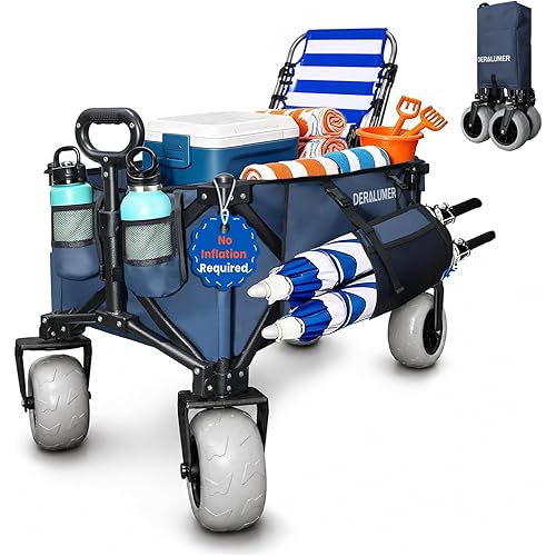 X800 Heavy Duty Beach Wagon with 9x4 Sand-Proof All-Terrain Wheels, 300L Oversized Foldable Wagon Cart with Side Bag, All-Terrain Utility Wagon for Beach Essentials, Sport, Camping（Navy Blue）