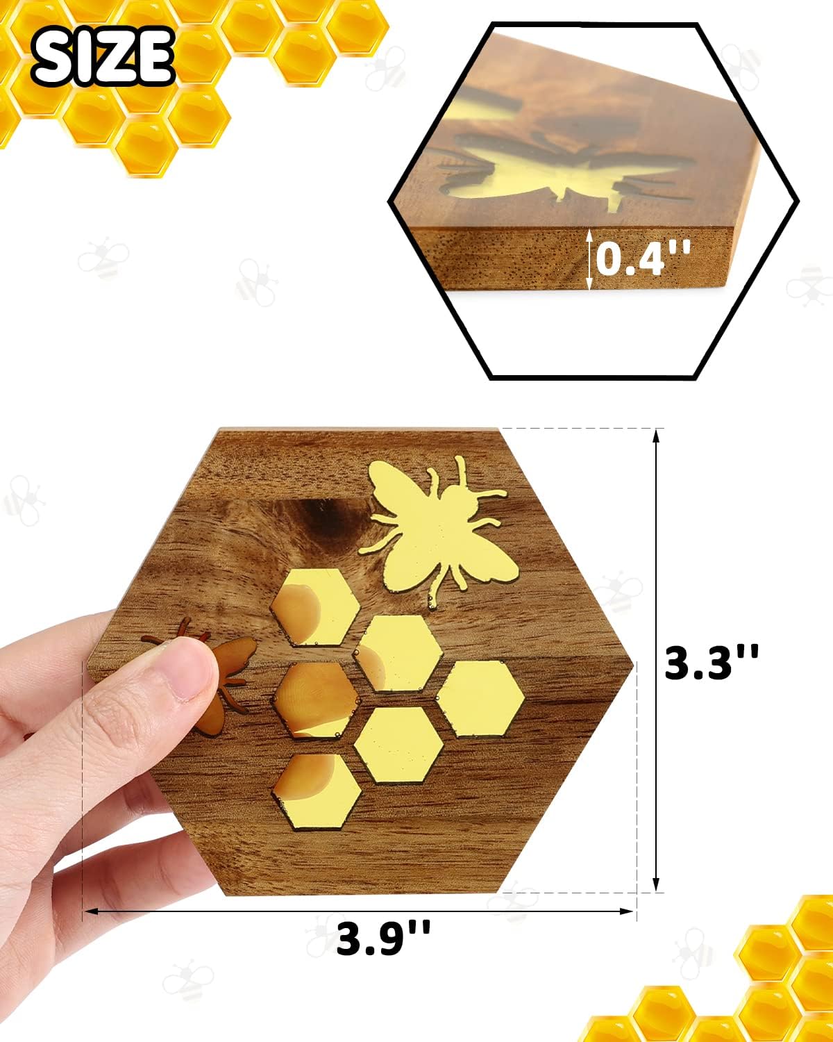 Bee Resin Wood Coaster Set of 6 Honeycomb Wooden Epoxy Resin Drink Coasters for Cold Drinks Wine Glasses Beverage Mugs Bee Themed Cup Mats for Kitchen Dining Coffe Table Gift for Her/Him - Image 3