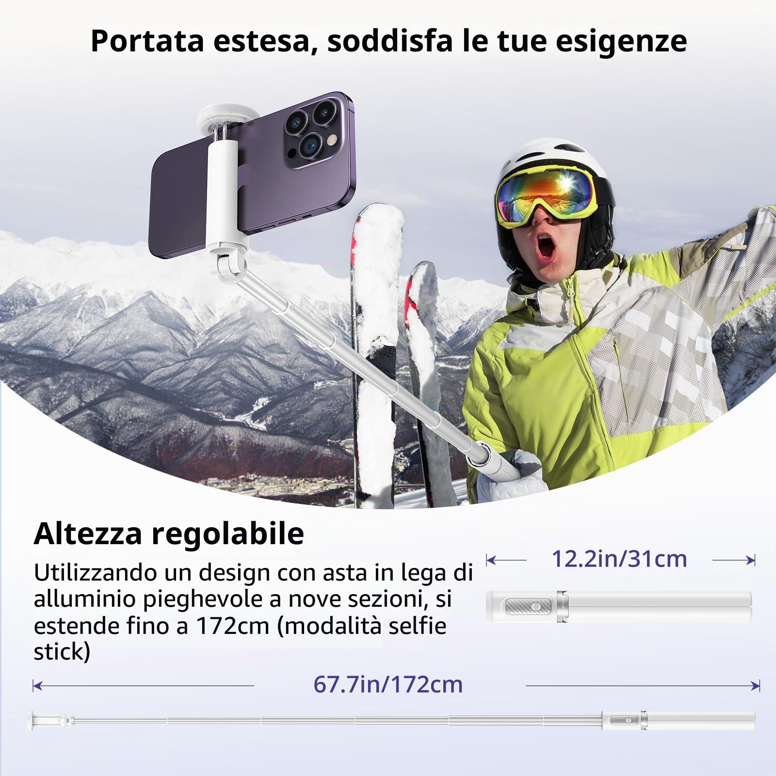 ATUMTEK Bastone Selfie Tripode 174cm, Selfie Stick Alluminio con Telecomando Bluetooth Ricaricabile, Compatibile con Smartphone iPhone e Android, Perfetto per Viaggi, Vlog, Video e Foto, Bianco