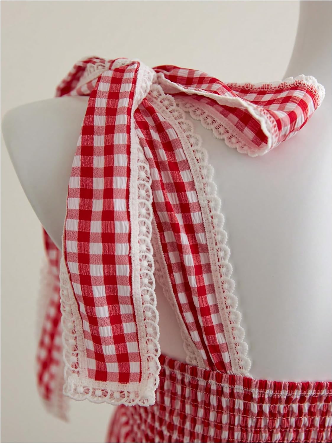 Milumia Women's Y2k Plaid Lace Trim Peplum Tank Top Square Neck Sleeveless Bow Tie Shoulder Tops Red and White Small - Image 2