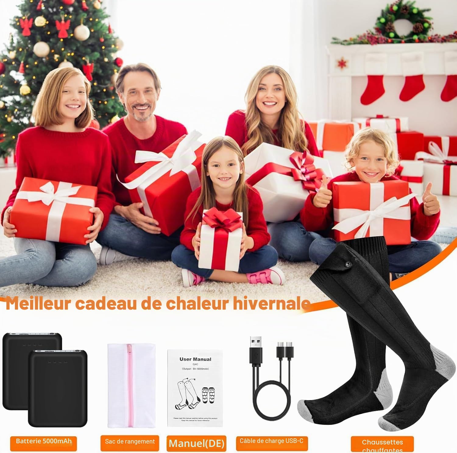 Chaussettes chauffantes, épaisses avec 2 batteries de 5000 mAh 5 V, 4 niveaux de chauffage, élastiques, chauffantes à 360 °, chaussettes chauffantes lavables pour homme et femme, 36-46 pour ski