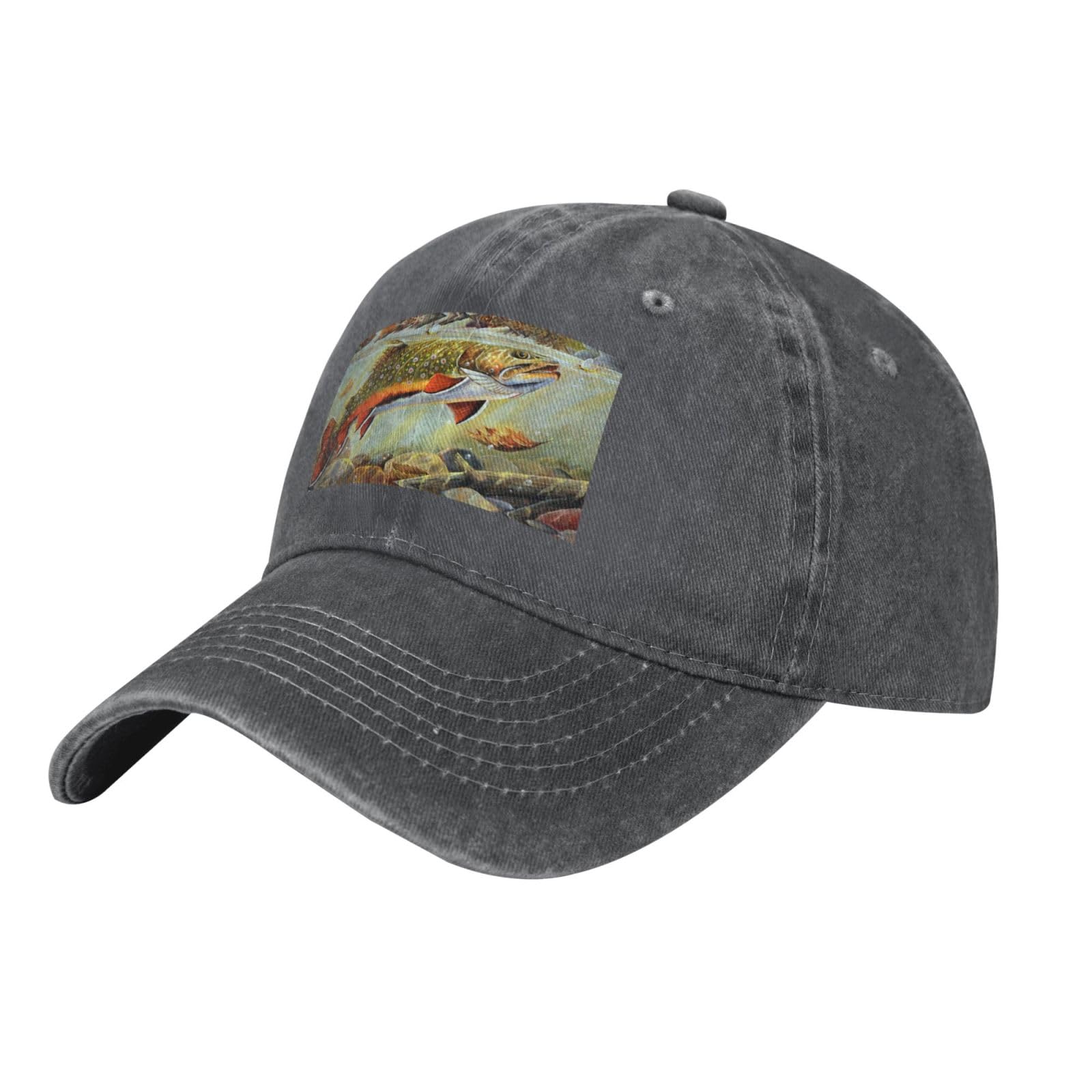 POCUK Brook Trout Fly Fishing Adult Washed Cowboy Baseball Hat Dad Hat Truck Driver Hat Daily Baseball Hat Deep Heather