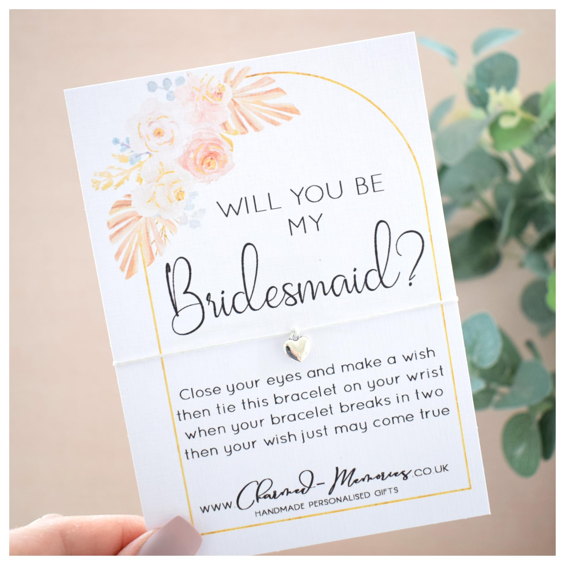 Will You Be My Bridesmaid? Wish Bracelet | Bridesmaid Proposal | Pampas Dried Flower & Rose Gold Frame Design | Tibetan Heart Charm. Wish String Cord Bracelet. Modern Greeting Card