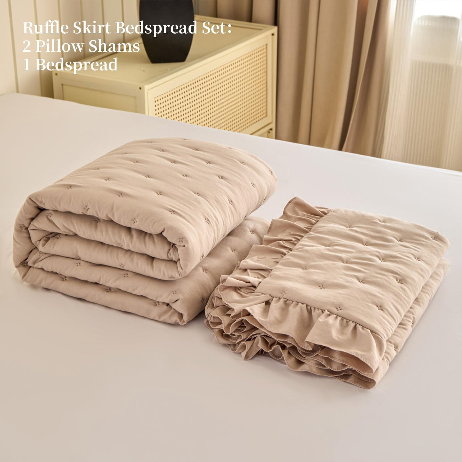 Ruffle Skirt Bedspread Set - 3 Piece Vintage French Country Rustic Farmhouse Quilted Bedspreads,Bed Skirt Queen Size 30" Long Drop