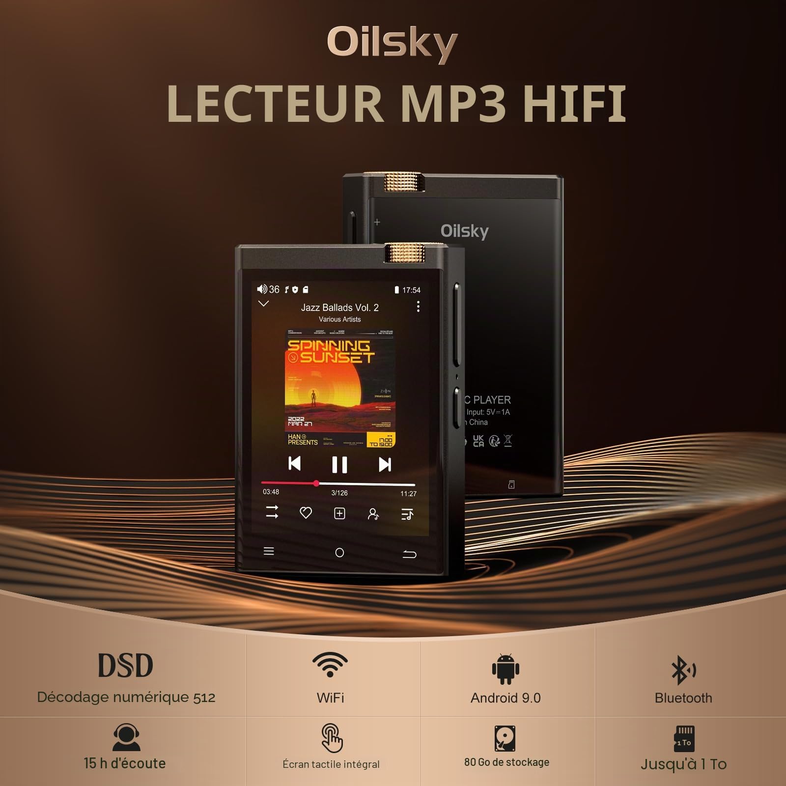 Lecteur MP3 HiFi, Oilsky 80Go Android 9.0 Spotify MP3 avec Bluetooth et WiFi, 2,8'' sans Perte DSD, Haute Fidélité Lecteur Musique Audio Portable
