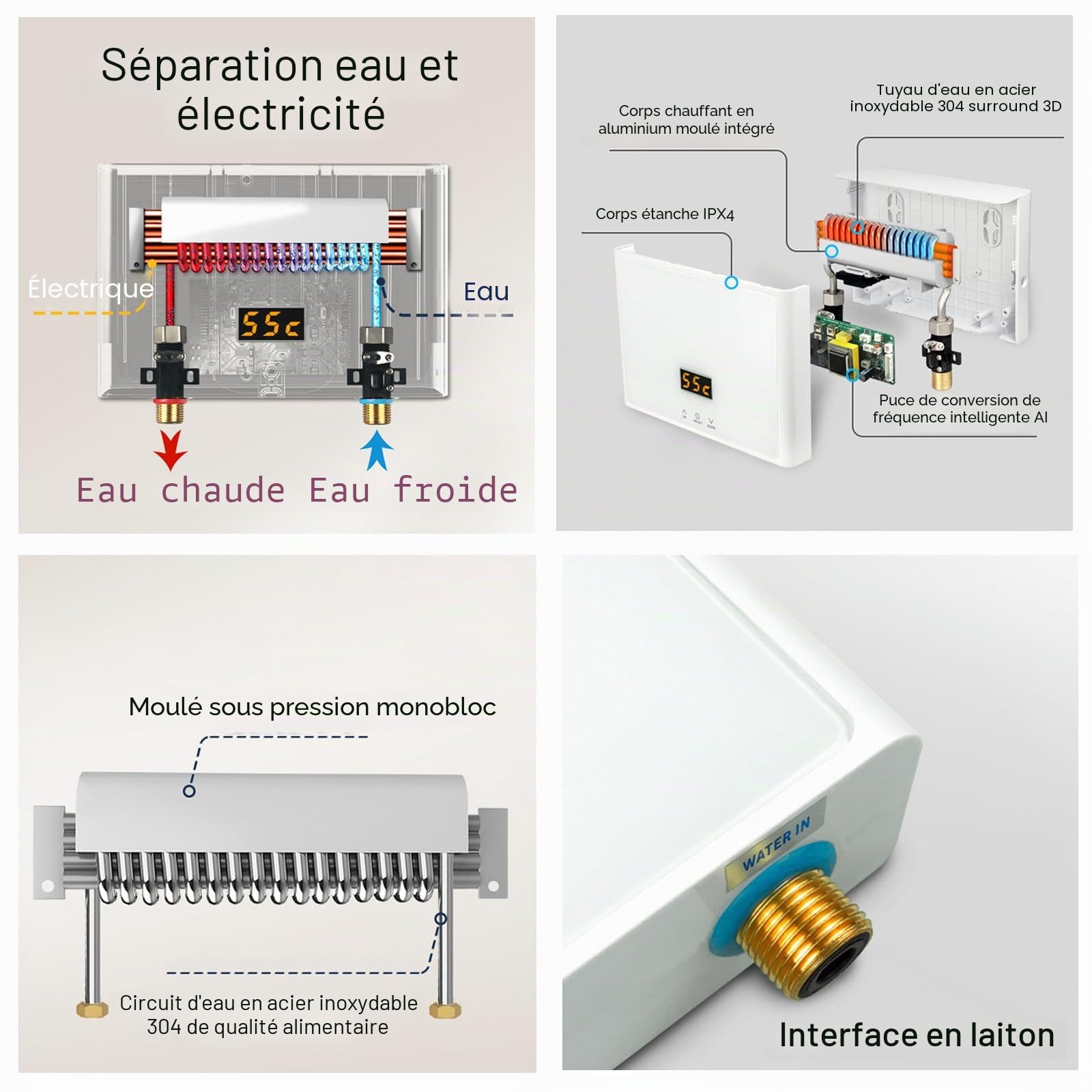 Billg Chauffe Eau Instantané Électrique 3000W Chauffe Eau Électrique Affichage Numérique Chauffe-Eau Instantané 21 * 5.5 * 15cm Mini Chauffe Eau sous Evier IPX4 Étanche