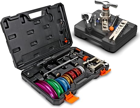 CARVALAX Tube Bender Set and 45 Eccentric Flaring Tool Kit, Ratcheting Bender w/Reverse Bending Adapters & 7 Colored Heads for 1/47/8, 6-19mm & 1/4"-3/4" Flaring Dies for HVAC2 Clamps