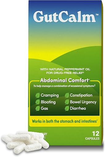 GutCalm IBS Relief - Peppermint Oil Capsules - Bloating, Gas, Constipation and Digestive Comfort Supplement - 12/ct