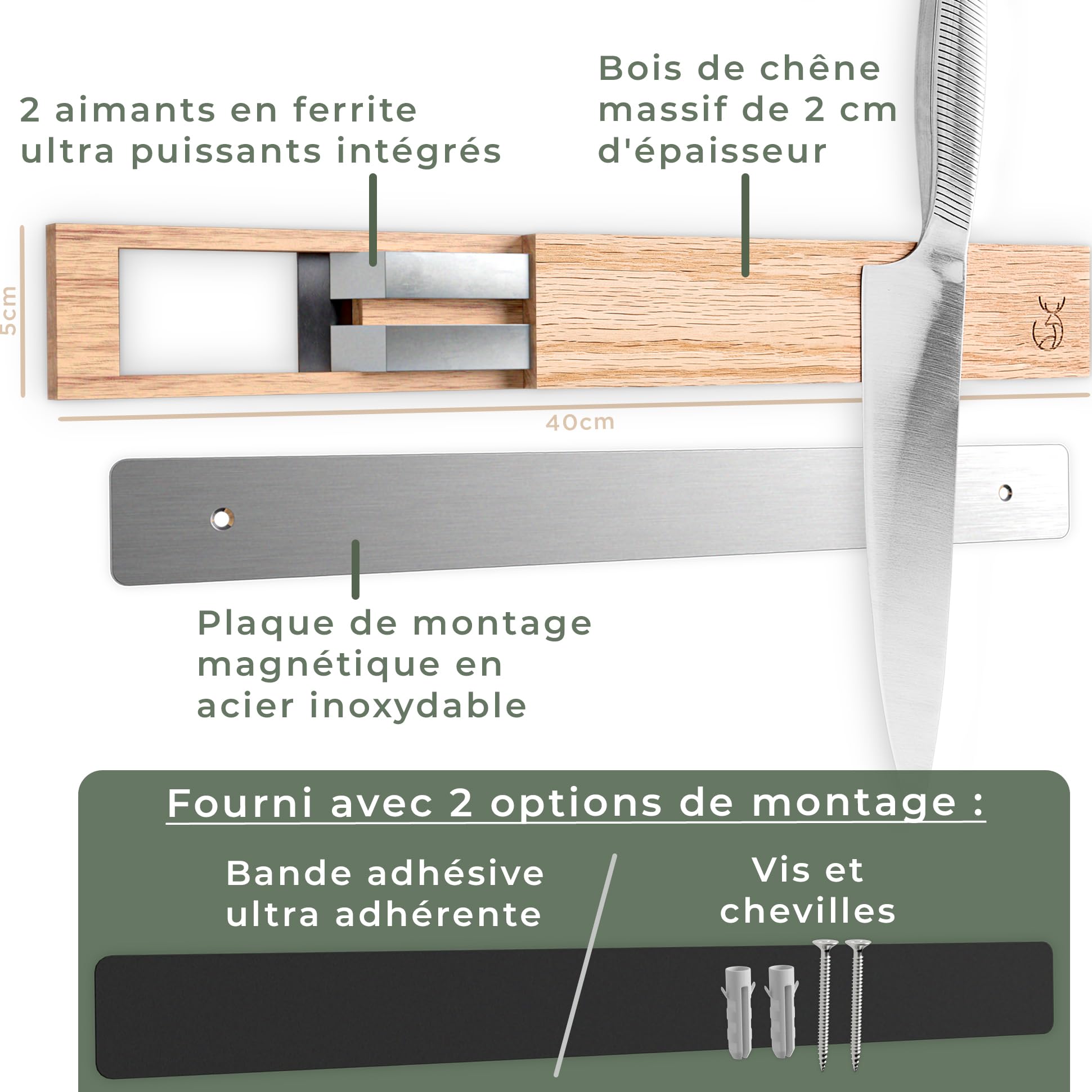 WALDWERK porte couteaux aimanté en bois de chêne (40x5cm) - barre aimantée pour couteaux - aimant couteau mural - support couteaux aimanté - rangement couteaux cuisine