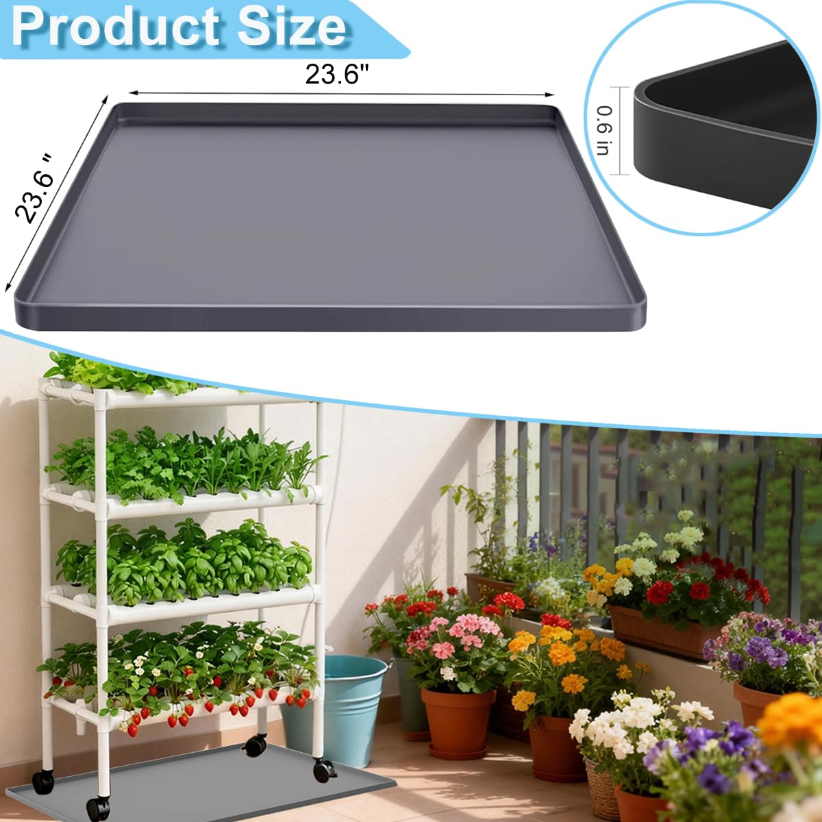 Tapis en silicone pour système de culture hydroponique, tapis de jardin pour l'intérieur, tapis de jardin hydroponique avec bord surélevé, tapis de sol facile à nettoyer et antidérapant, gris