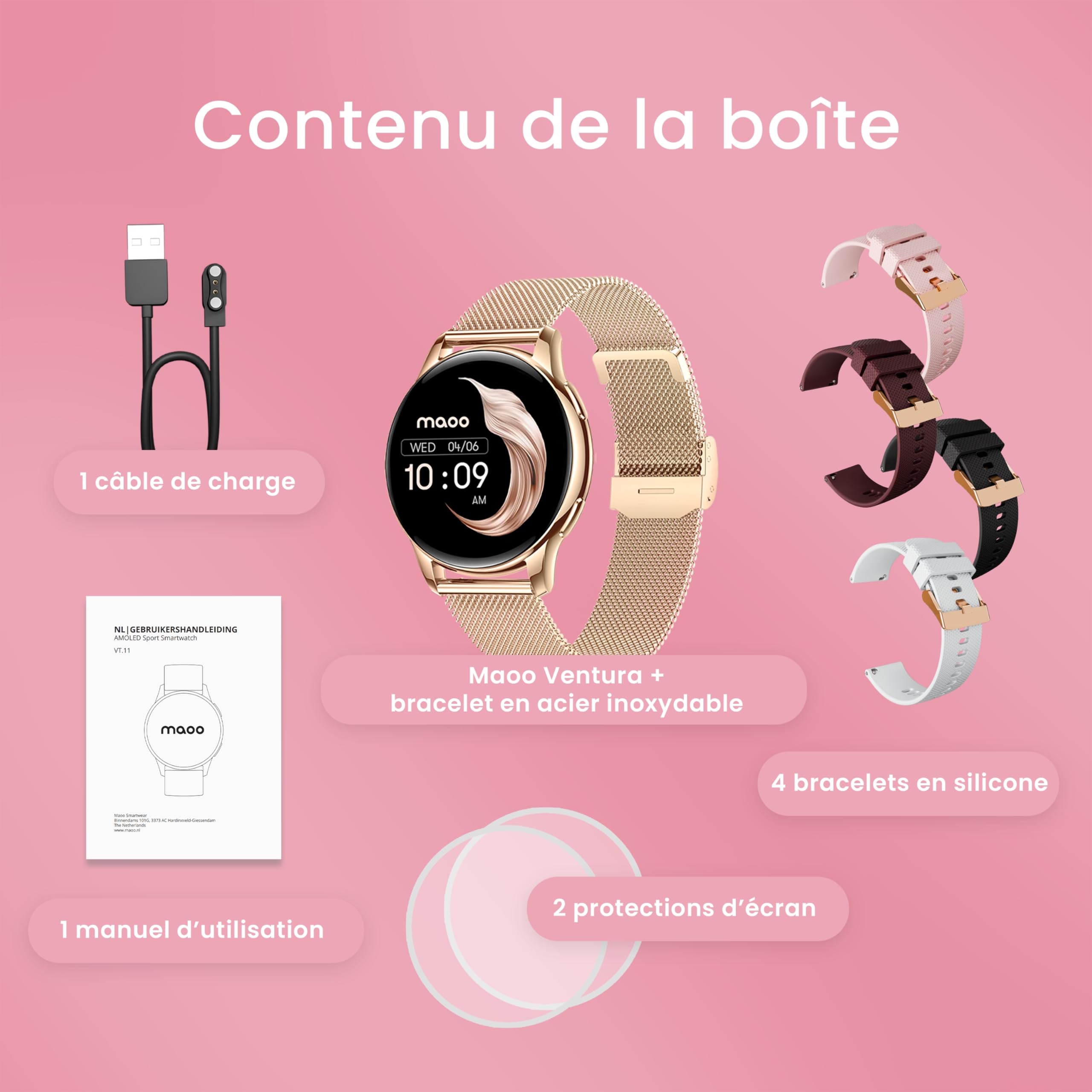 maoo Montre connectée Ventura pour Femme avec Fonction d’Appel, écran AMOLED 1,32 Pouce, cardiofréquencemètre, SPO₂, tensiomètre, Plus de 100 Modes Sport, étanche IP67, 5 Bracelets Inclus (Or Rose)