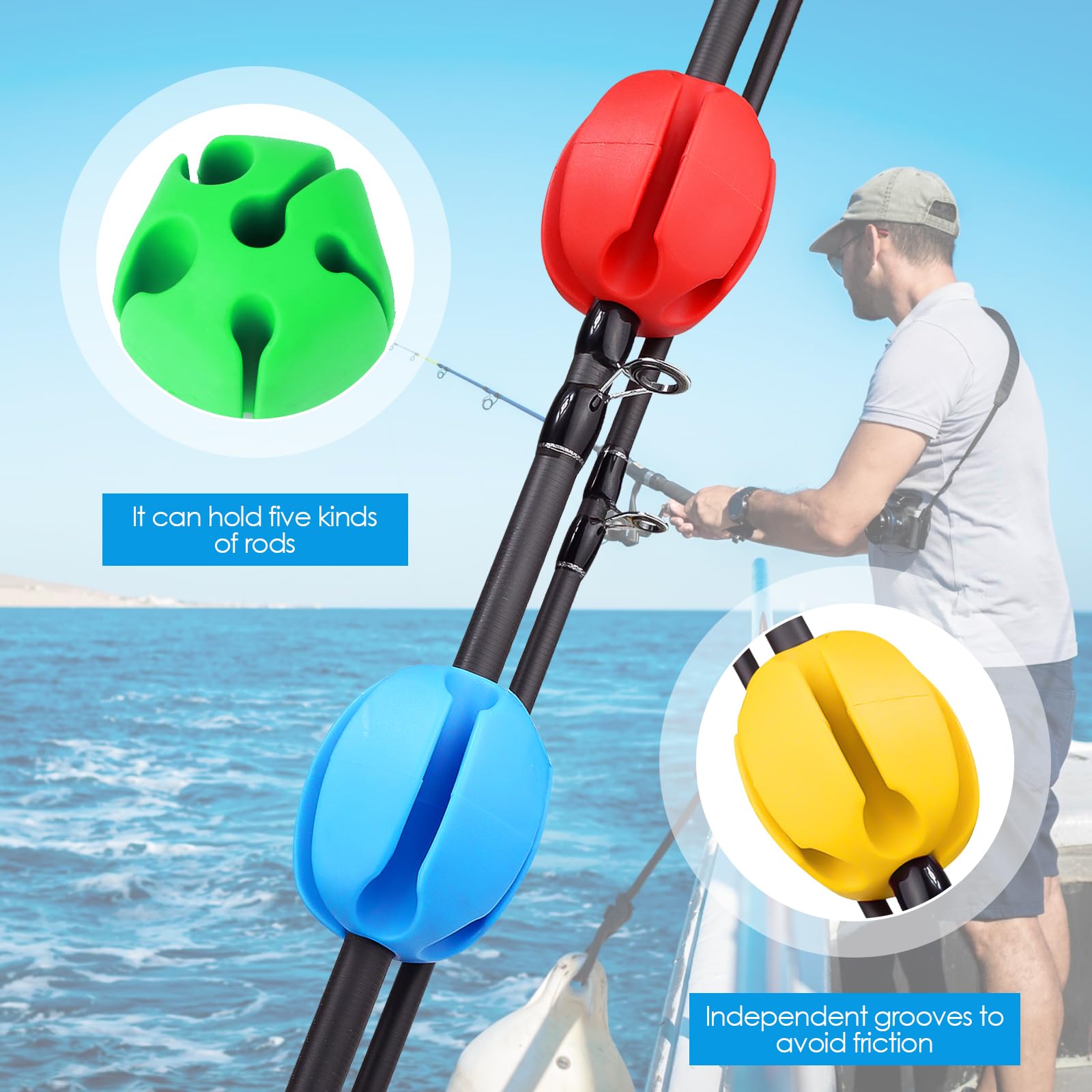 Attache Canne a peche Portable pince Caoutchouc Canne à pêche Fixateur Elastique Balle Fixe Scratch pour Protéger Outils de pêche Réutilisables Accessoires Porte 6 Pièces