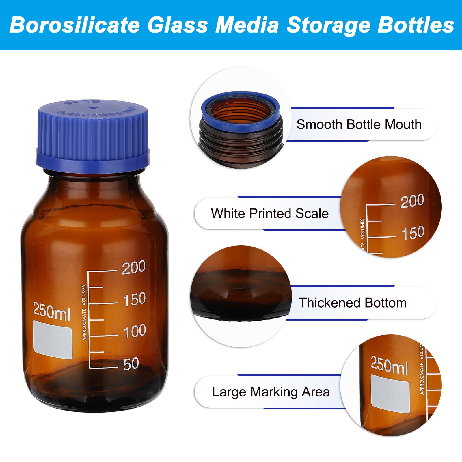 PATIKIL 10 Confezione Bottiglie Per Conservazione Reagenti, 250ml Bottiglie Tonde Graduate In Vetro Borosilicato Con Tappo A Vite Blu GL32 Per Liquidi Reagenti Da Laboratorio, Ambra