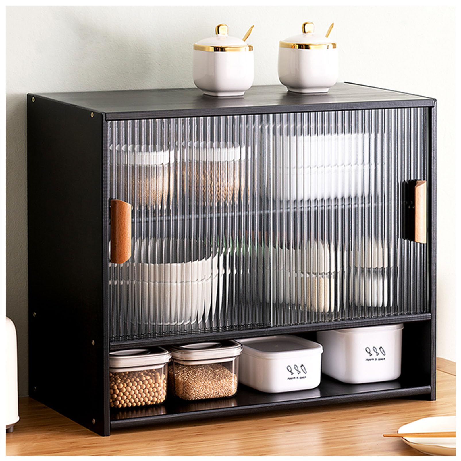 Kitchen Pantry Cabinet Bamboo Storage Cabinet with Glass Doors, Dining Compact Shelving Sideboard Countertop Cabinet, Cupboard Food Pantry Cabinet, Dish Rack Utensil Holder Bread Storage Bin