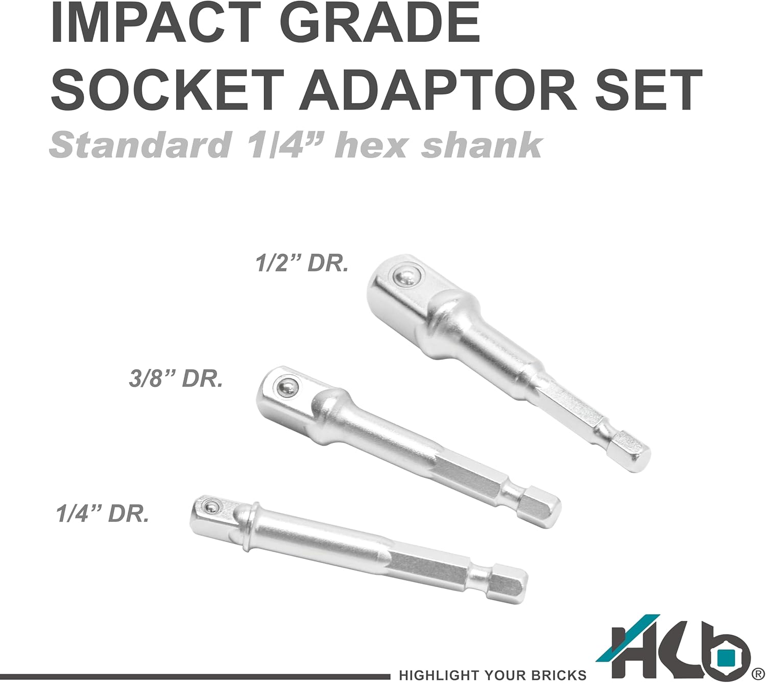 HB 3-Piece Socket Adapter Set AAM001-U | 1/4" Hex Shank Impact Driver Drill Adapters | 1/4", 3/8", 1/2" Drive | Chrome Vanadium Steel with Spring-Loaded Detent Ball | Professional Tools Made in Taiwan