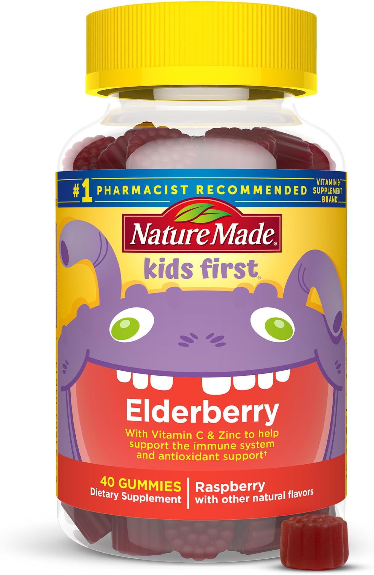 Nature Made Kids First Elderberry Gummies with Zinc and Vitamin C, Helps Kids Immune Support, Delicious Raspberry Flavor, Suitable for Vegetarians, Gluten Free, 40 Count