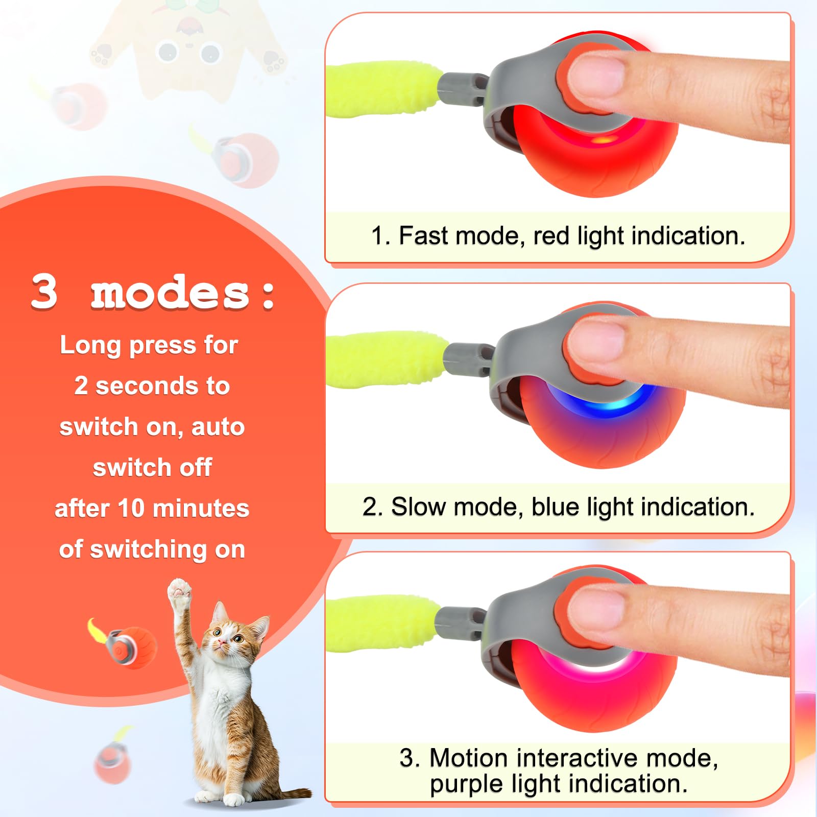 jwogngls Cat Toy Ball Electric Magic Ball Tail Dog 360° Intelligent Interactive Play Ball for Cats Interactive Dog Toy USB Rechargeable for Cats Dogs (Orange) - Image 4