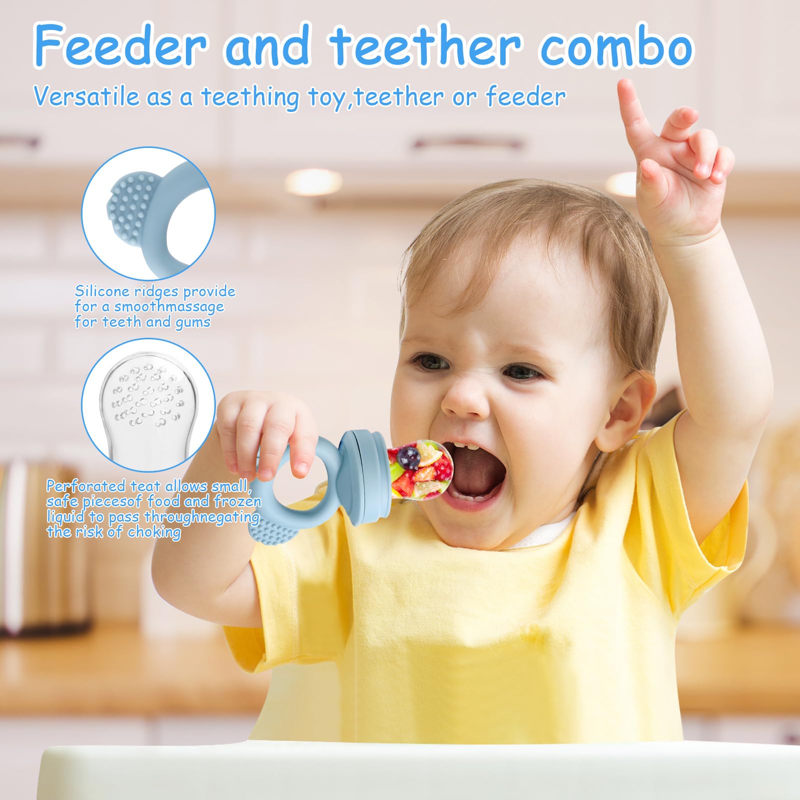 JoyPlus Chupete Fruta Bebe con 3 Tetinas de Silicona sin BPA, Chupete para Fruta Bebe y Bandejas para Congelar Comida de Bebé con Tapas para Leche Materna, Mordedor Fruta Bebe de 3 6 12 24 Meses