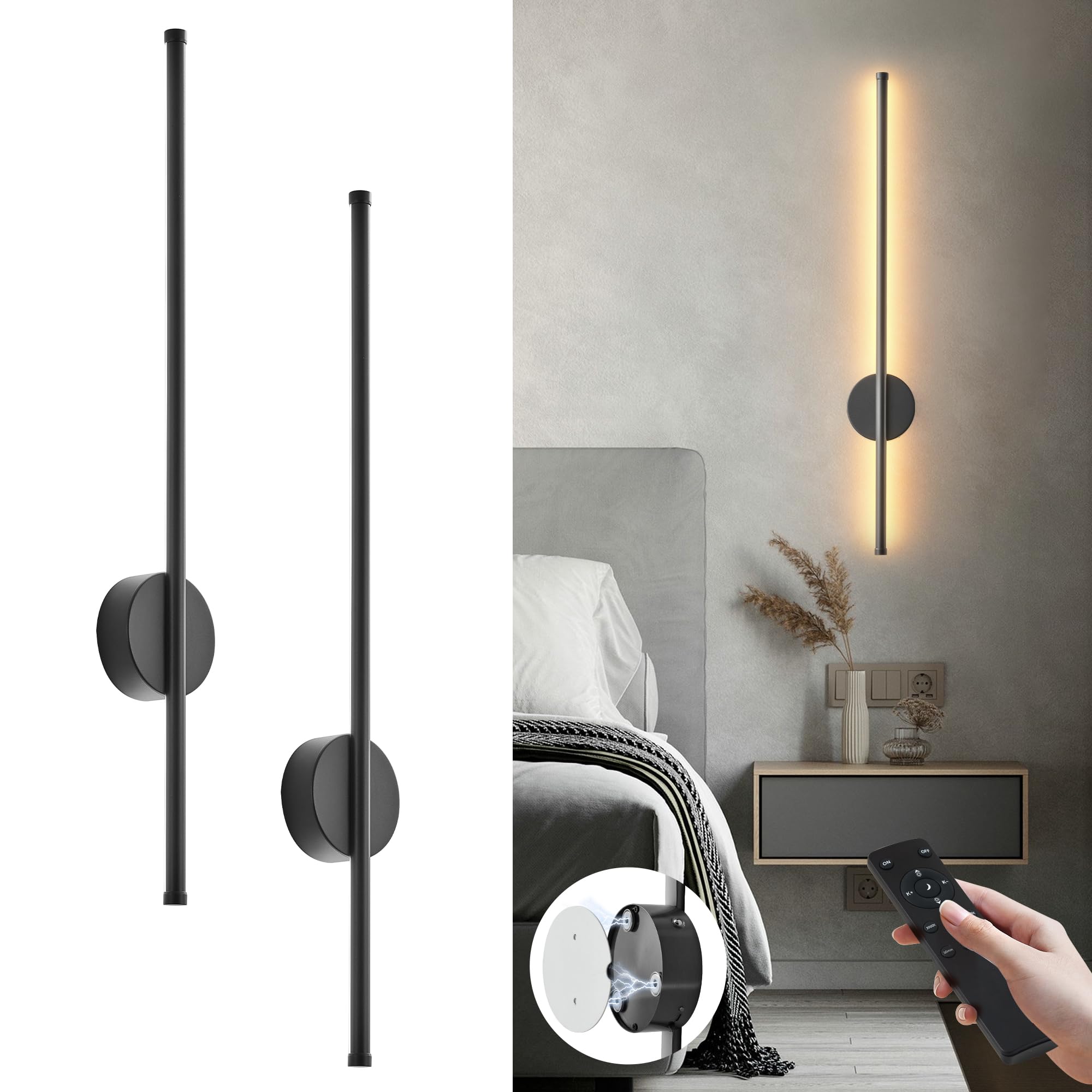 KARTOOSH Battery Operated Modern Wall Sconce Set of Two, 27.6 Inch Black