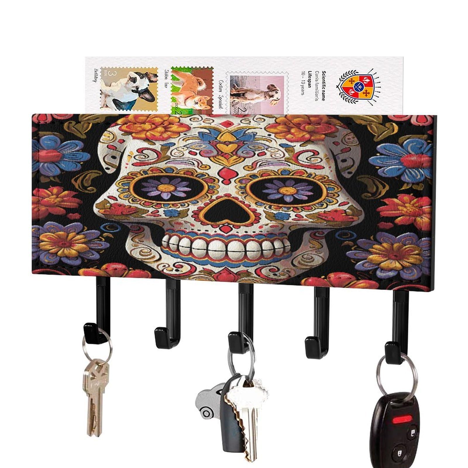 LDGSUPH Sugar Skulls Key Holder Wall Mount Key Hanger with 5 Hooks Fashion Key Organizer Rack Hanging Key Hooks with Mail Organizer Key Rack for Home Entryway Hallway Black-Style