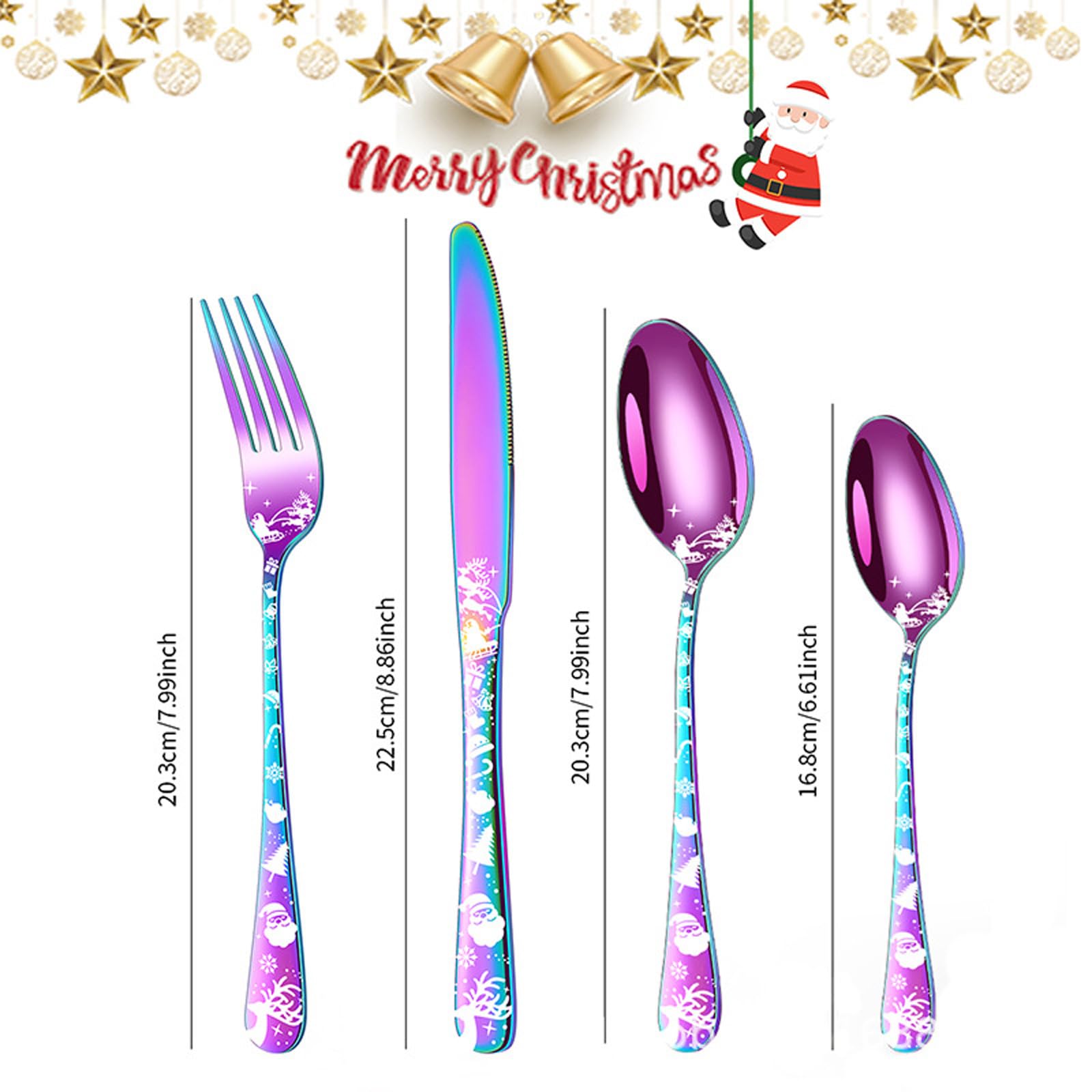 Weihnachtsbesteck Set,Besteck Set Service, Edelstahl Besteck Geschirr, einzigartige Schneeflocken Weihnachtsmann Elch Muster Design, spülmaschinenfest (Gold,24-teilig)