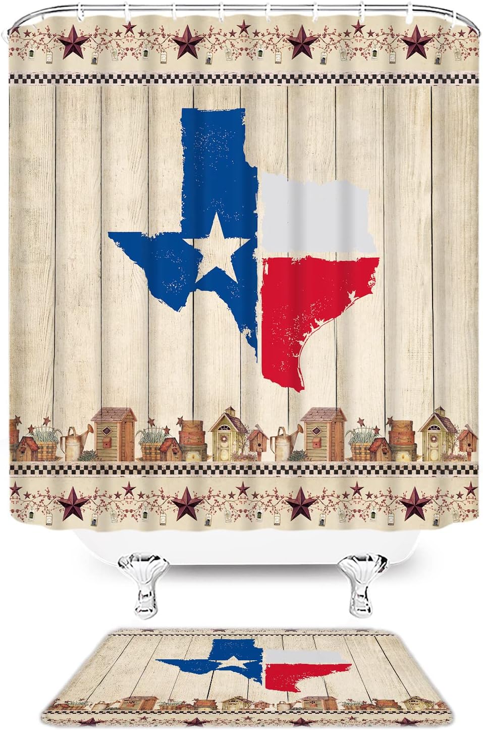 2pcs Texas Star Western Shower Curtain Set with Rug Rustic Wooden Board Primitive Texas Map Flag Farmhouse Vintage Southwestern Barn Home Decor Fabric Bathroom Set with Hooks