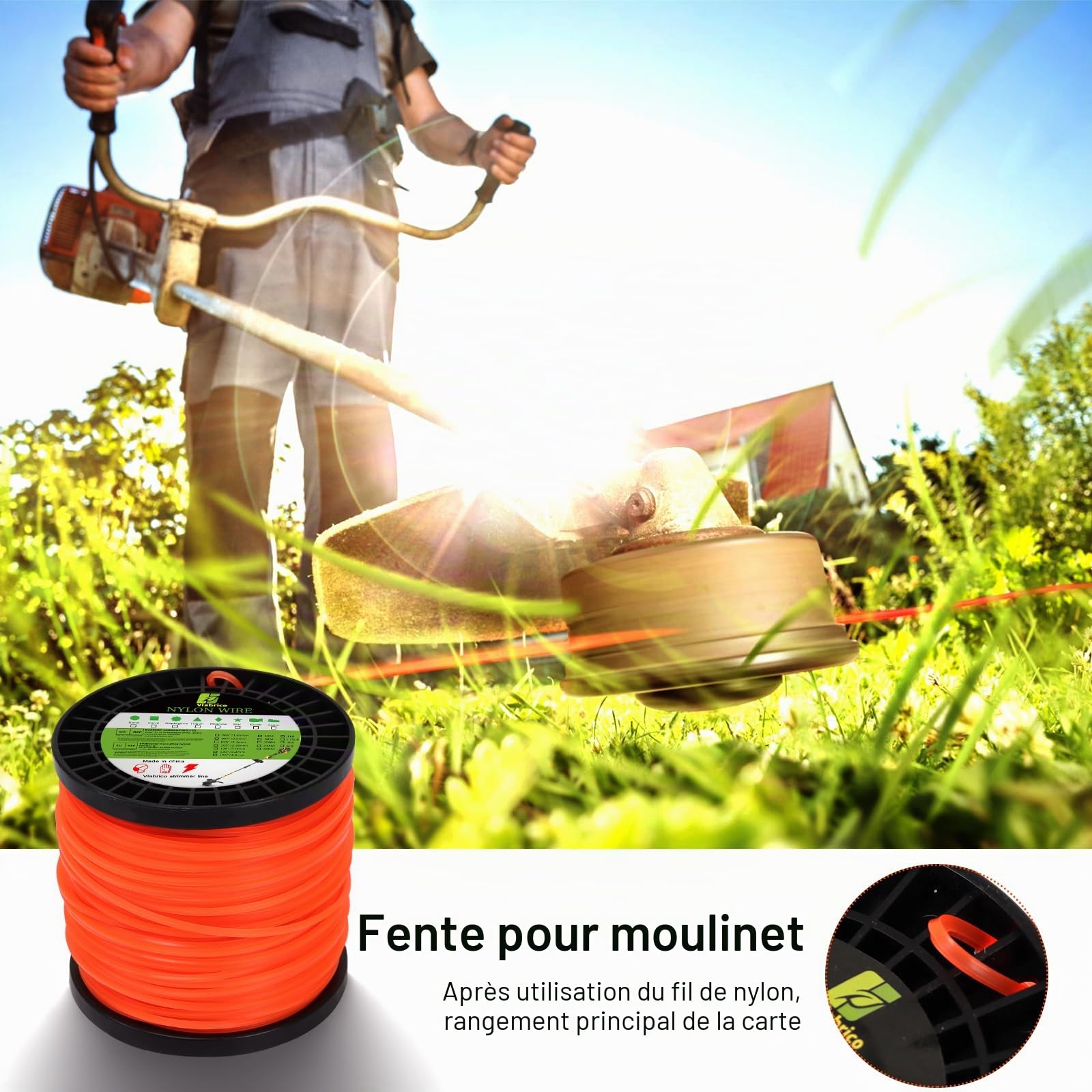 Viabrico Fil de débroussailleuse très résistant 2,4 mm x 100 m pour débroussailleuse à essence