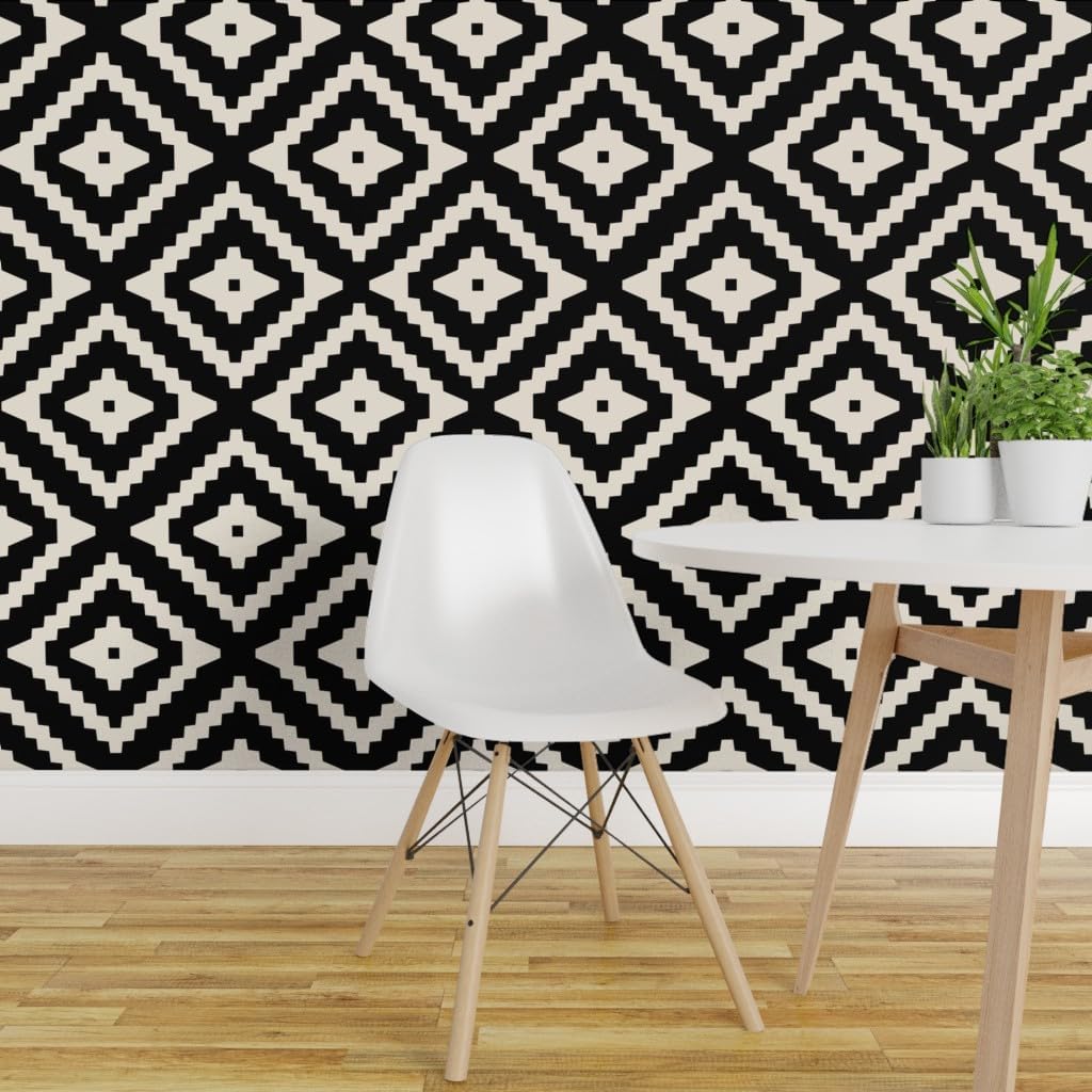 Removable Wallpaper 6ft x 2ft - Boho Black Tan White Neutral Geometric Custom Pre-Pasted Wallpaper by Spoonflower