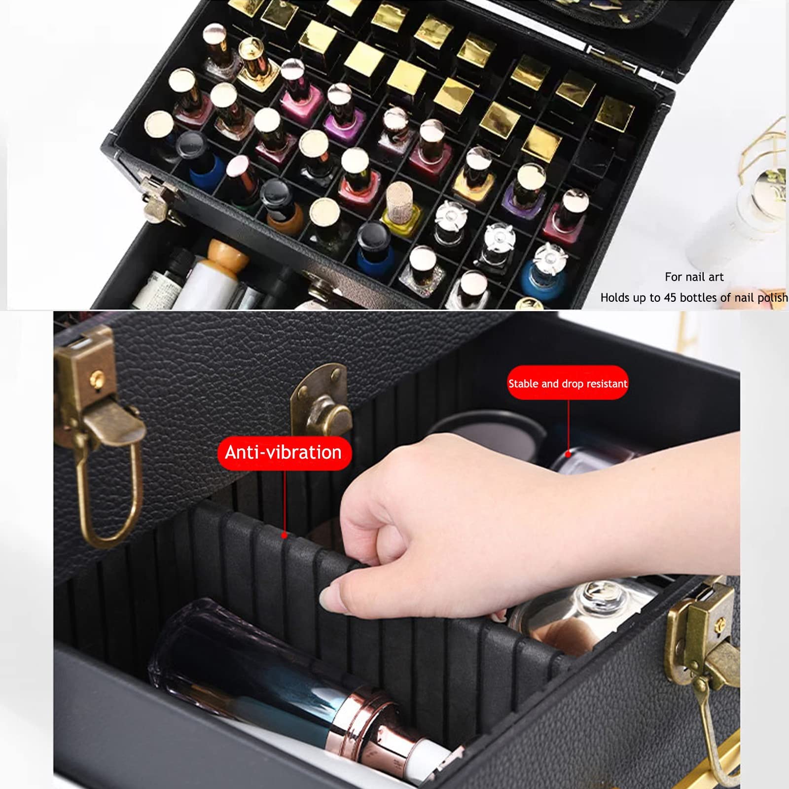 Kosmetyczka, przenośna, podróżna kosmetyczka z lustrem, etui do manicure, na paznokcie i rzęsy, haft, makijaż, czarna kosmetyczka, Czarny z lustrem, Jeden rozmiar, przypadkowy
